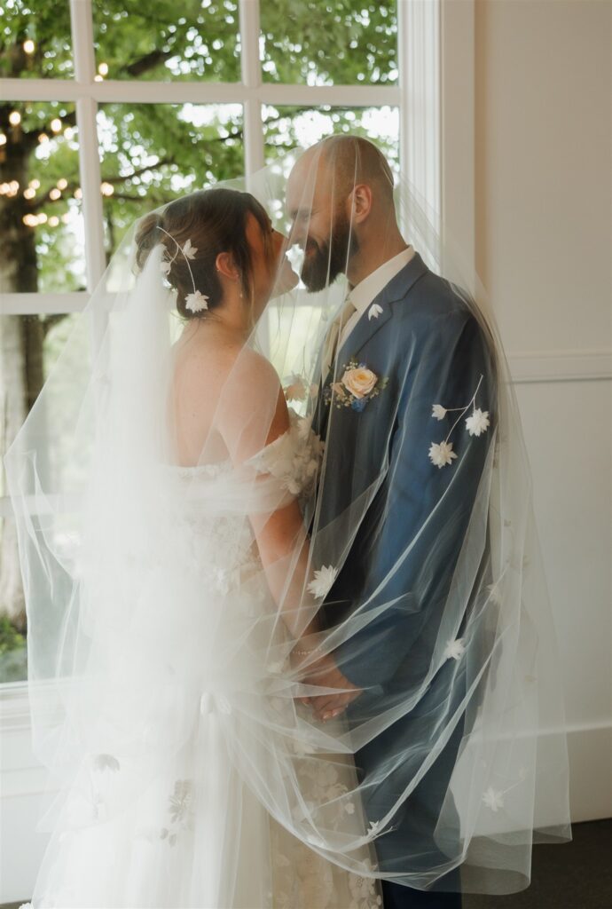 cute portrait of the newlyweds kissing
