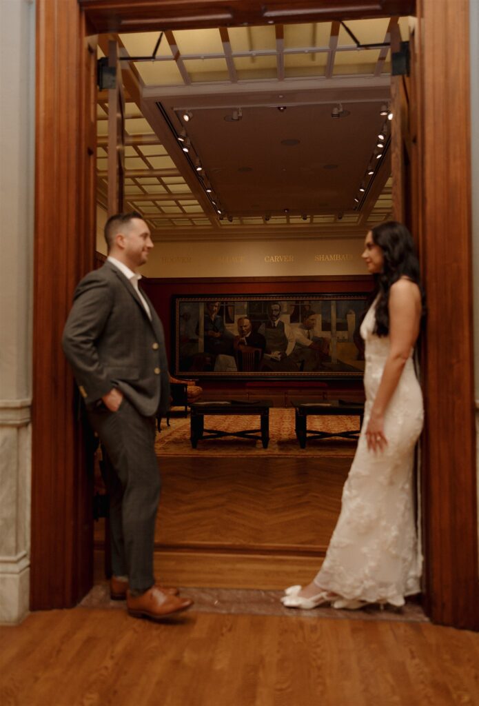 cute picture of the newly engaged couple smiling at each other