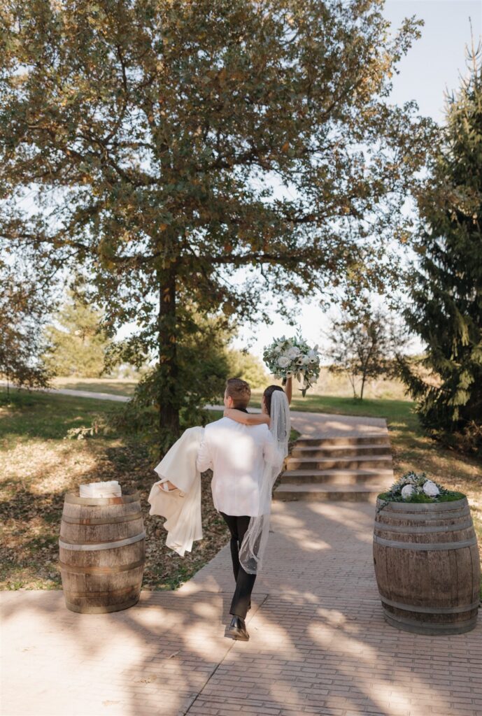 cute picture of the newlyweds heading to their wedding reception