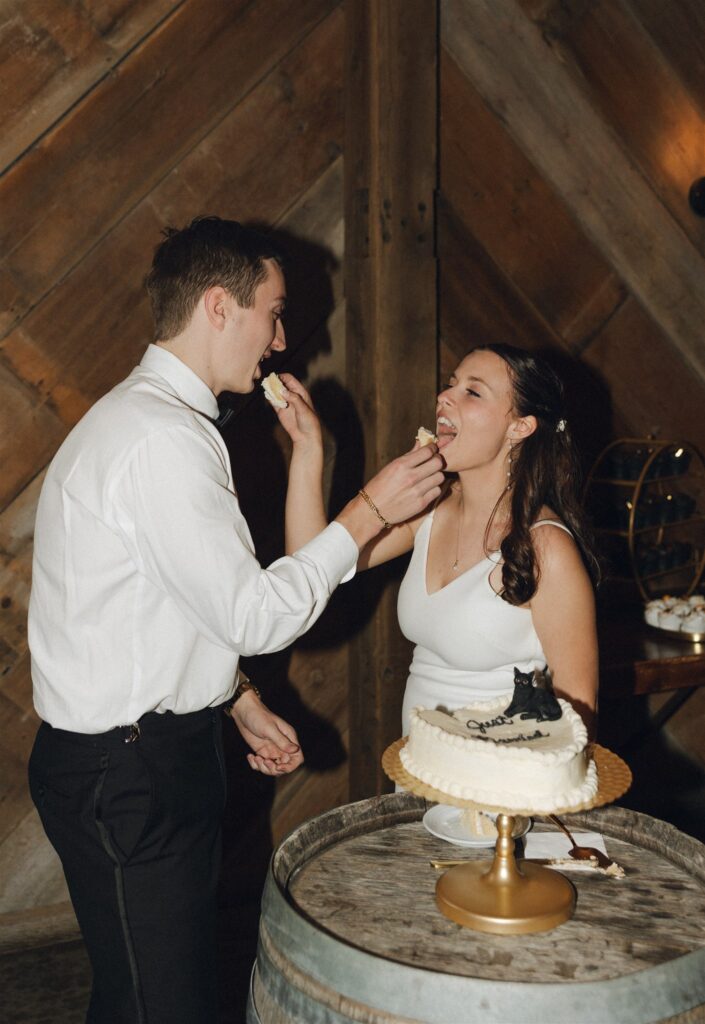 Newly married couple cutting their wedding cake