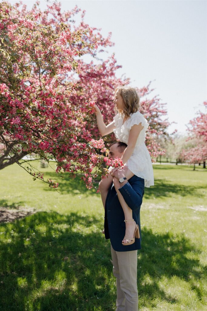 Fun & Romantic Couples Photos in Des Moines During Crabapple Tree Bloom