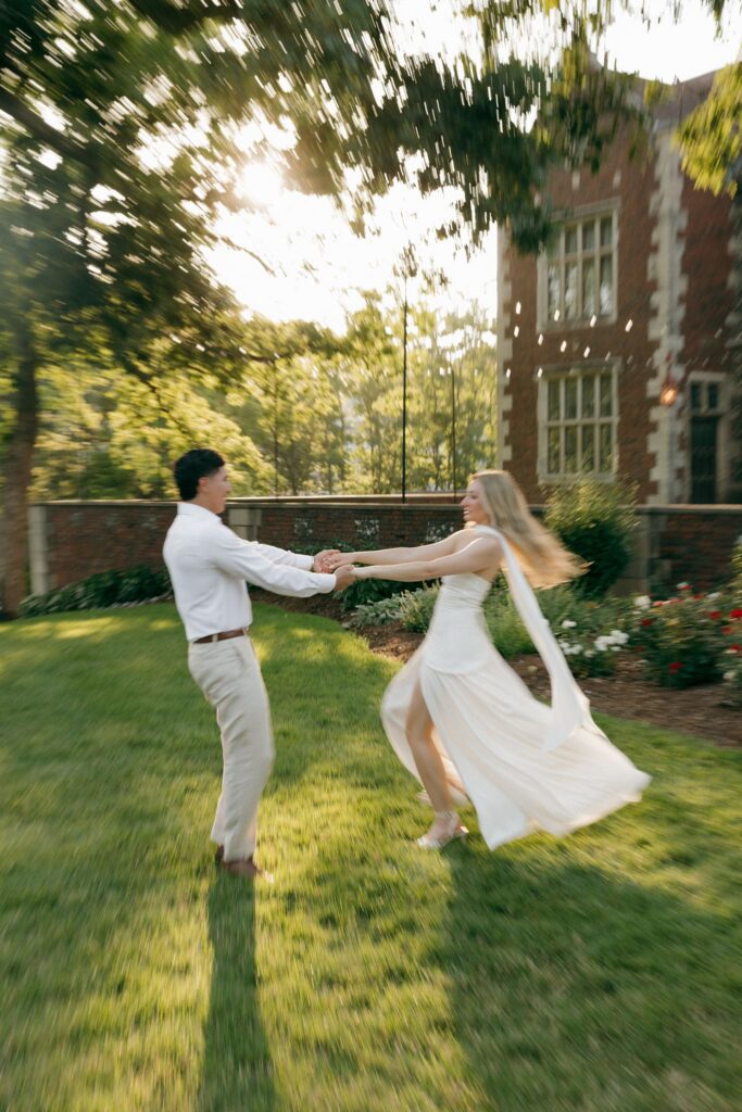 newly engaged couple dancing during their engagement sesion